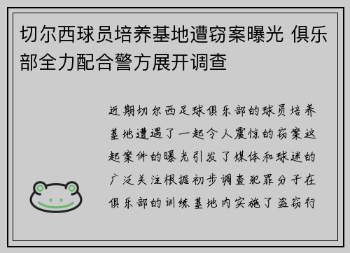切尔西球员培养基地遭窃案曝光 俱乐部全力配合警方展开调查