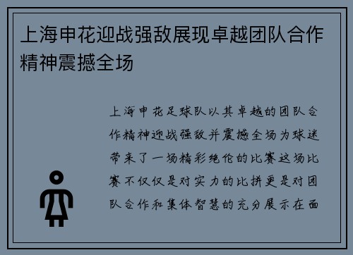 上海申花迎战强敌展现卓越团队合作精神震撼全场