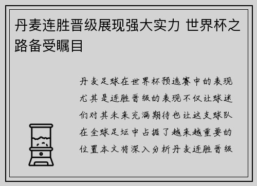 丹麦连胜晋级展现强大实力 世界杯之路备受瞩目