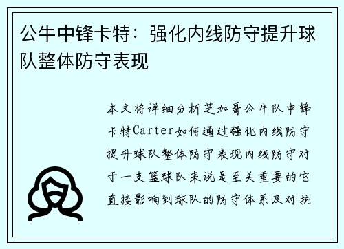公牛中锋卡特：强化内线防守提升球队整体防守表现