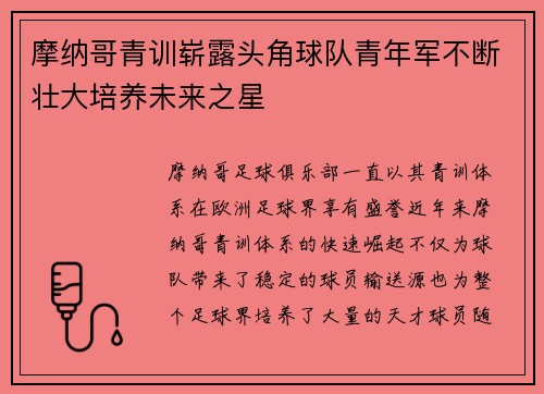 摩纳哥青训崭露头角球队青年军不断壮大培养未来之星