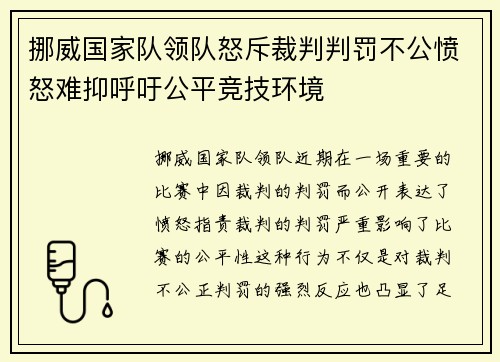 挪威国家队领队怒斥裁判判罚不公愤怒难抑呼吁公平竞技环境