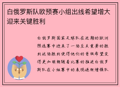 白俄罗斯队欧预赛小组出线希望增大迎来关键胜利