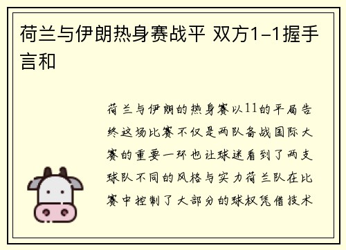 荷兰与伊朗热身赛战平 双方1-1握手言和